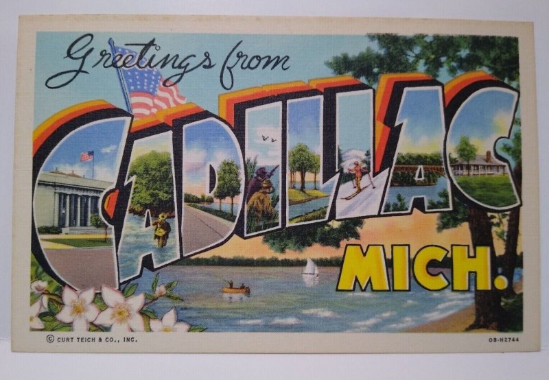 Greetings From Cadillac Michigan Large Big Letter Postcard Linen Boats Lake Flag