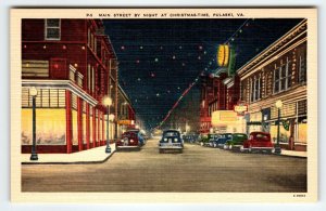 Main Street By Night At Christmas Pulaski Virginia Postcard Linen Old Cars VA