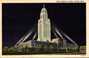 Nebraska Lincoln State Capitol Building At Night 1945 Curteich
