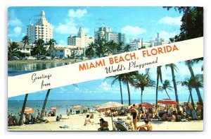 Greetings From Miami Beach Florida World's Playground Banner c1961 Postcard