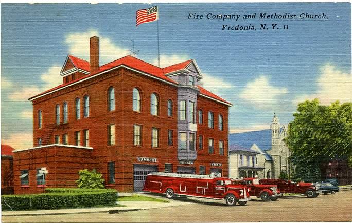 Fire Station and Methodist Church - Fredonia NY, New York - Linen