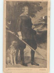 Pre-1907 foreign hunting DOG STANDING BESIDE HUNTER WITH LONG RIFLE GUN HL9519