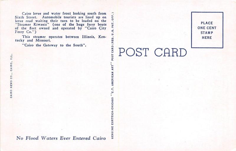 Cairo Illinois~Cairo Levee & Water Front~Steamer Kiwanis @ Dock~Info Bk~1940s Pc