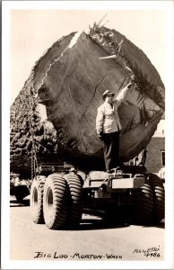 Real Photo Postcard Giant Log on Trailer in Morton, Washington