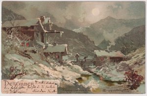 GUGGENBERGER Th. 1866-1929 Dezember Nuit Neige montagne 1902+timbre +/-9x14cm