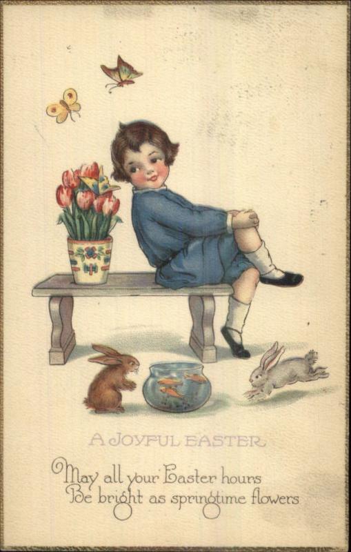 Easter - Little Boy Rabbits & Goldfish Fishbowl Fish Bowl c1920 Postcard