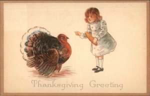 Thanksgiving - Turkey & Little Girl w/ Ear of Corn Pink Perfection Postcard