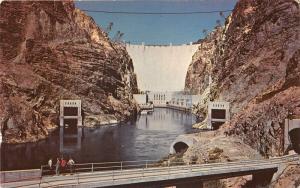 Hover Dam Scene~People by Railing~Colorado River & Power Plant~1950s Postcard