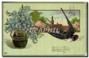 Old Postcard Fantasy Flowers Swallow