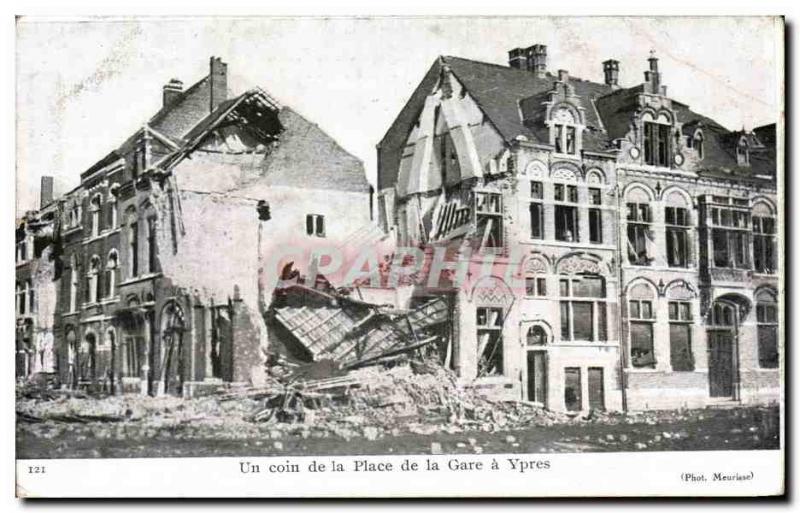 Old Postcard A corner of the Place de la Gare in Ieper Army