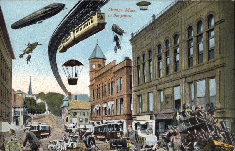 ORANGE MA Futuristic Blimp Dirigible Upside Down El Train c1910 Postcard