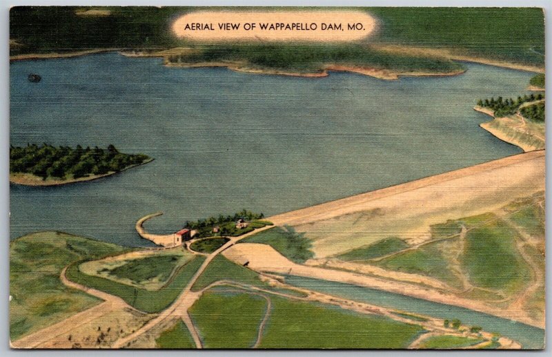 Vtg Missouri MO Wappapello Dam 1940s Aerial View Linen Postcard