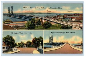 1942 Carlton Bridge Toll House And Bridge Maine ME, Multiview Vintage Postcard