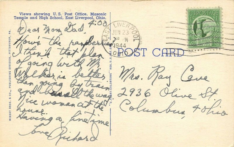 East Liverpool Ohio 1944 Postcard Post Office Masonic Temple and High School