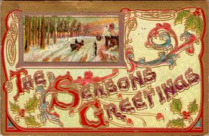 Vintage 1910's Seasons Greetings Cabin Cottage Winter Scene Christmas Postcard