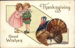Thanksgiving Children Afraid of Turkey c1910 Vintage Postcard