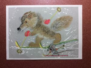 Vintage russian postcard 1966 GOLUBEV Winter Olympics wolf & mouse before finish