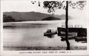 Stuart Lake Fort St. James BC North Arm Boats Dock Vintage RPPC Postcard E29