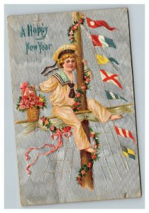 Vintage 1909 New Year's Postcard Silver Face Sailor Boy on Mast Naval Flags NICE