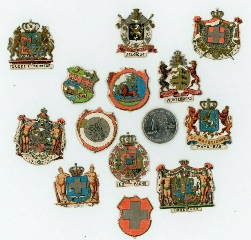 1870's-80's Crests Country Shields Lot Of 13 Victorian Die Cut X119 