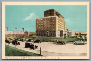 Postcard Halifax NS c1930s The Nova Scotian Hotel and C.N.R. Station Old Cars