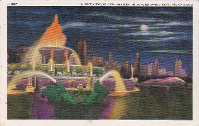 Illinois Chicago Buckingham Fountain At Night Showing Skyline 1941