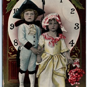 c1910s Happy New Year Cute Pioneer Costume Children Gel Litho Photo Postcard A67