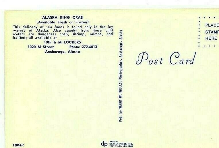 Postcard Adverising, Alaska King Crab by 10th & M Lockers, Alaska.     N6