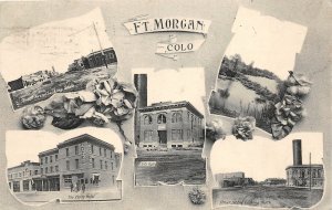 H32/ Fort Morgan Colorado Postcard 1909 5View City Hall Stores Street View