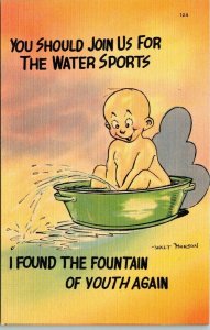 Vintage Linen Postcard Water Sports Child Pee Humor UNUSED Good Coloring