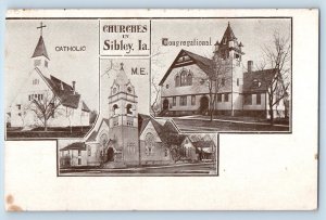 Sibley Iowa IA  Postcard Churches Catholic Congregational M.E Multiview VIntage
