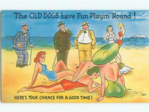 Unused Linen risque BEACH GIRLS WITH THE OLD DOGS - MEANING OLD MAN k3992@