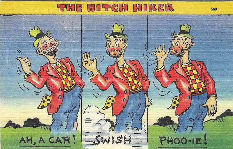 1940's Comic Cartoon Hitch Hiker Linen Postcard