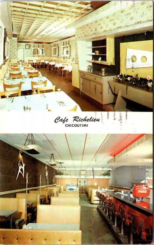 VINTAGE POSTCARD CAFÉ RICHELIEU DOUBLE SCENES AT CHICOUTIMI QUEBEC CANADA 1960s