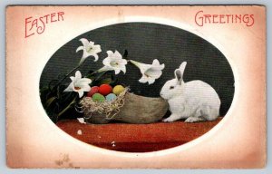 Easter Greetings, Wooden Shoe Nest Of Eggs, Rabbit, Lilies, Antique Postcard