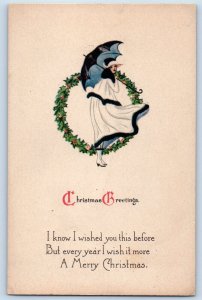 Christmas Postcard Greetings Message Girl With Umbrella Wreath Berries c1910's