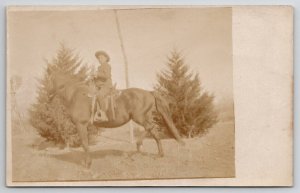 RPPC Young Boy Showing off His Beautiful Horse Postcard E21