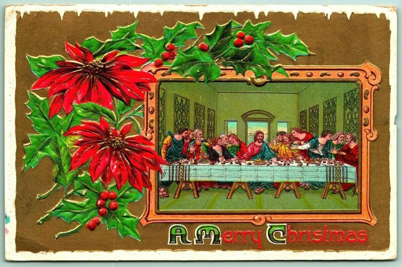 Da Vinci Last Supper Poinsettias Icicle Border Merry Christmas DB Postcard I7 