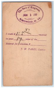 1894 The Bank of Kingwood Kingwood Tunnelton West Virginia WV Postal Card