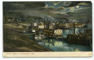 Paddle Steamer Wharf Scene Night Evansville Indiana 1907c postcard