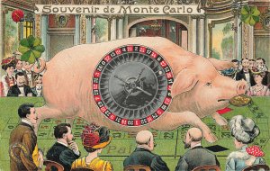 Souvenir De Monte - Carlo /Spélug Pigs With Coin at Roulette Table Postcard