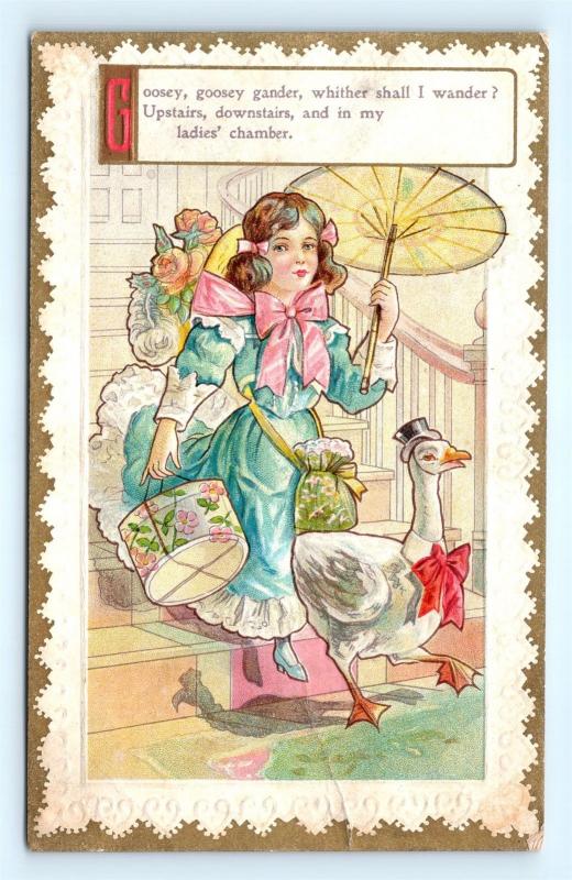 Postcard Nursery Rhyme Fantasy Goosey Goosey Gander Girl Goose Umbrella K09