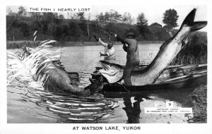 J37/ Exaggeration RPPC Postcard 40s Watson Lake Yukon Canada Fishing  154