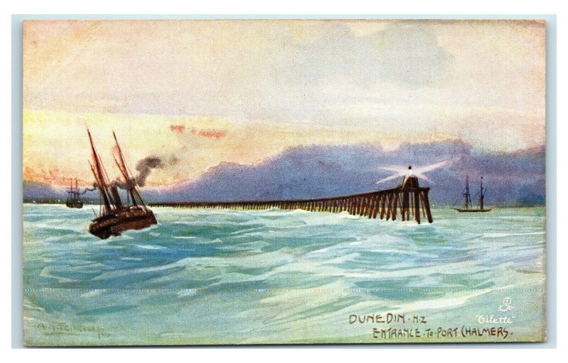 Postcard Dunedin New Zealand Entrance to Port, Chalmers Tuck #7352 Oilette U89