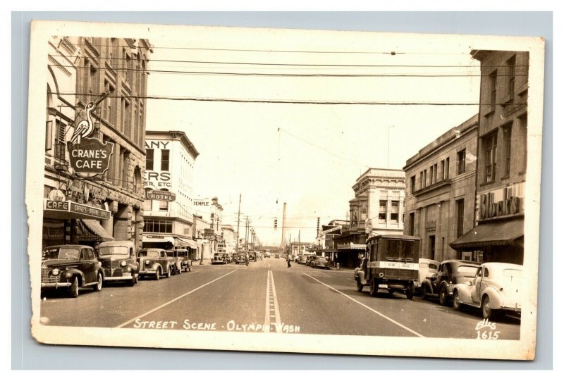 Vintage 1946 RPPC Postcard Street Scene Olympia Washington Nice Antique Cars