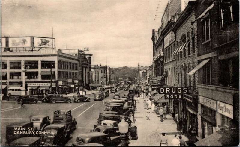 Postcard CT Danbury Main Street Drugs Store Bowling Alley Street View 1940s H13