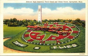 Hillcrest Park Cemetery Floral Clock Chime Tower Springfield MA Linen Postcard 