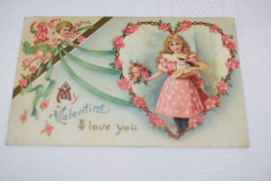My Valentine I Love You Cupid Girl Cat Pink Floral Heart Postcard Germany