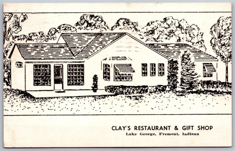Vtg Fremont Indiana IN Clay's Restaurant Gift Shop Lake George Postcard