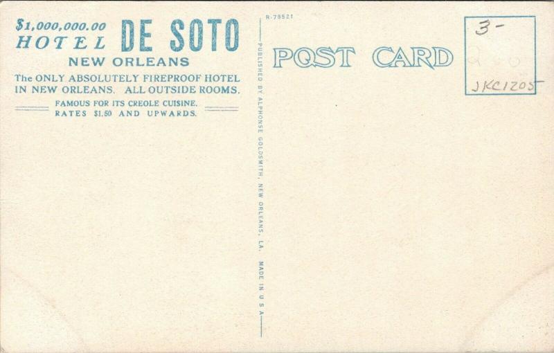 New Orleans LA~Hotel DeSoto Lounge~Victorian Lamps & Armchairs~$1.50 Up~1912 PC 